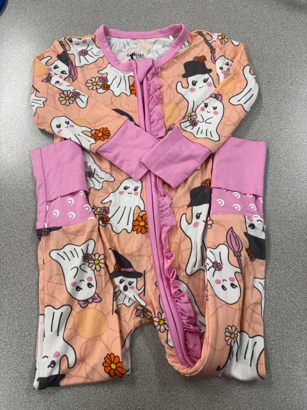 Snuggle Bums. Pink Ghost Print Ruffle Zip One-Piece Pajama